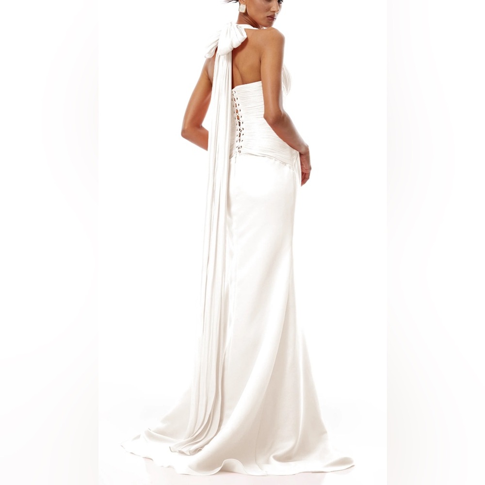 Miss Rosier Elegant White Halter Wedding Dress with Draped Train - Picture 2 of 9
